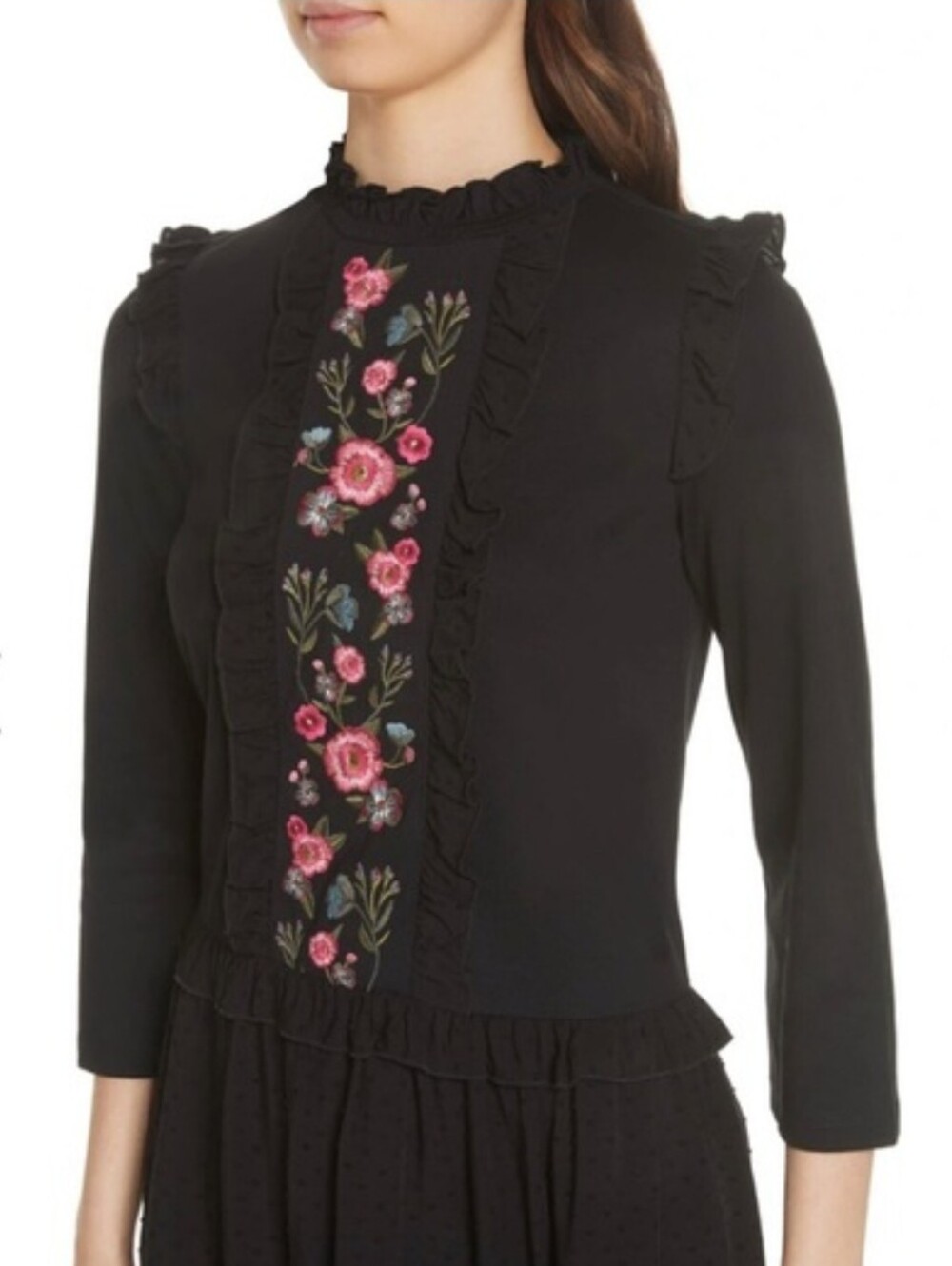 Kate Spade New York Black Dress with Pink Floral Embroidery Medium
